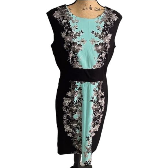 London Times Black and Aqua Color Block Floral Sheath Career Dress Size 10 - Picture 1 of 9